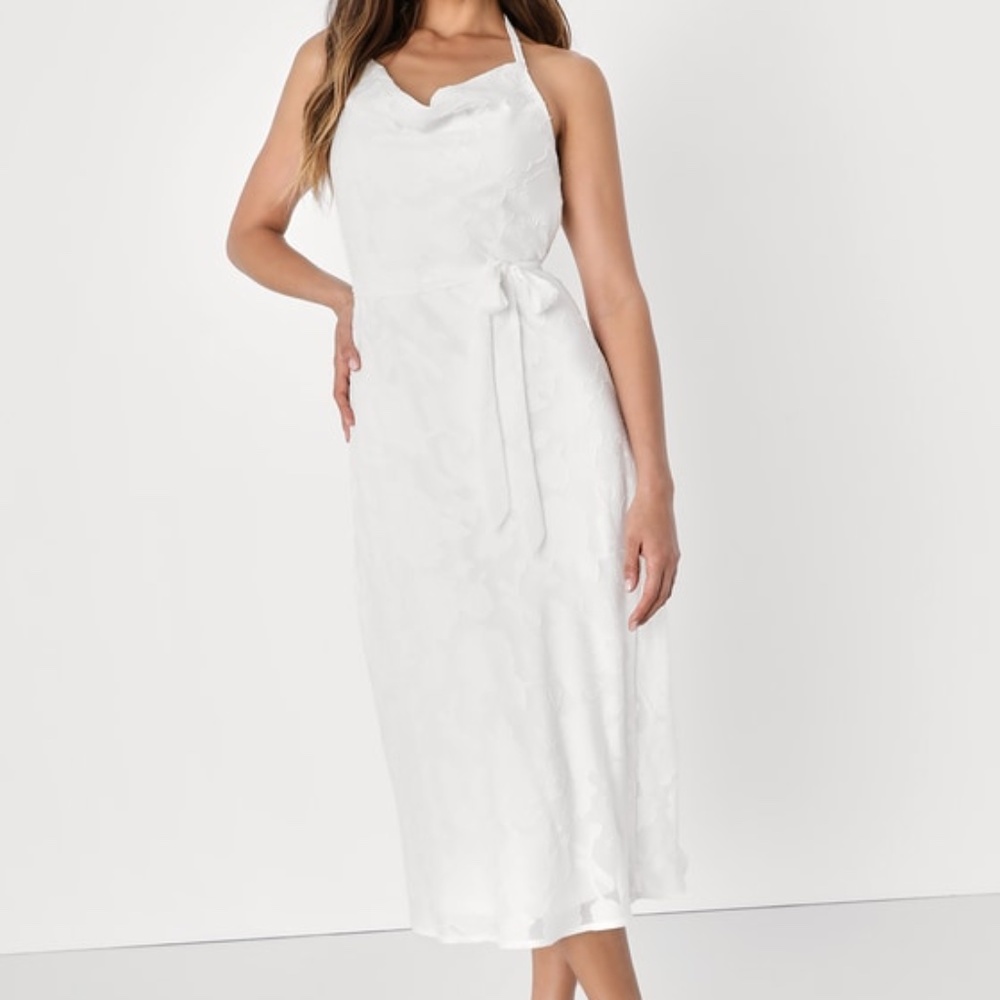 Lulus Graceful Charm White Burnout Floral Jacquard Halter Midi Dress - Size S